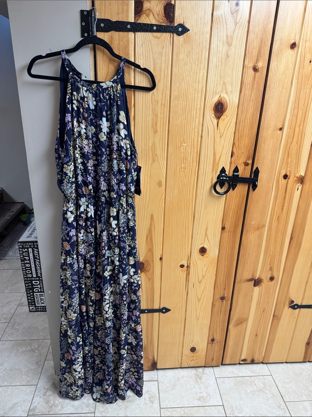 R&K Navy Floral Halter Maxi Dress with Lavender & Cream Accents